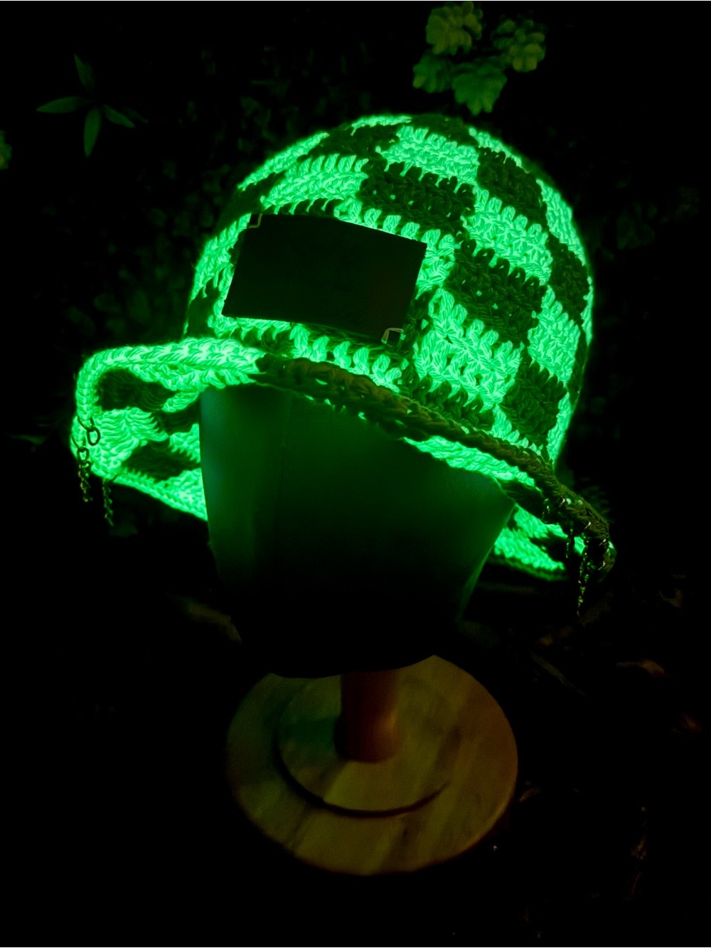 Green & White GLOW IN THE DARK Checkered Crochet Bucket Hat